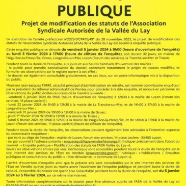 Avis d’enquête publique Association Syndicale Autorisée de la Vallée du Lay