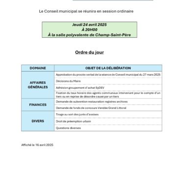 Réunion du Conseil Municipal du jeudi 24 avril 2025 à 20h00